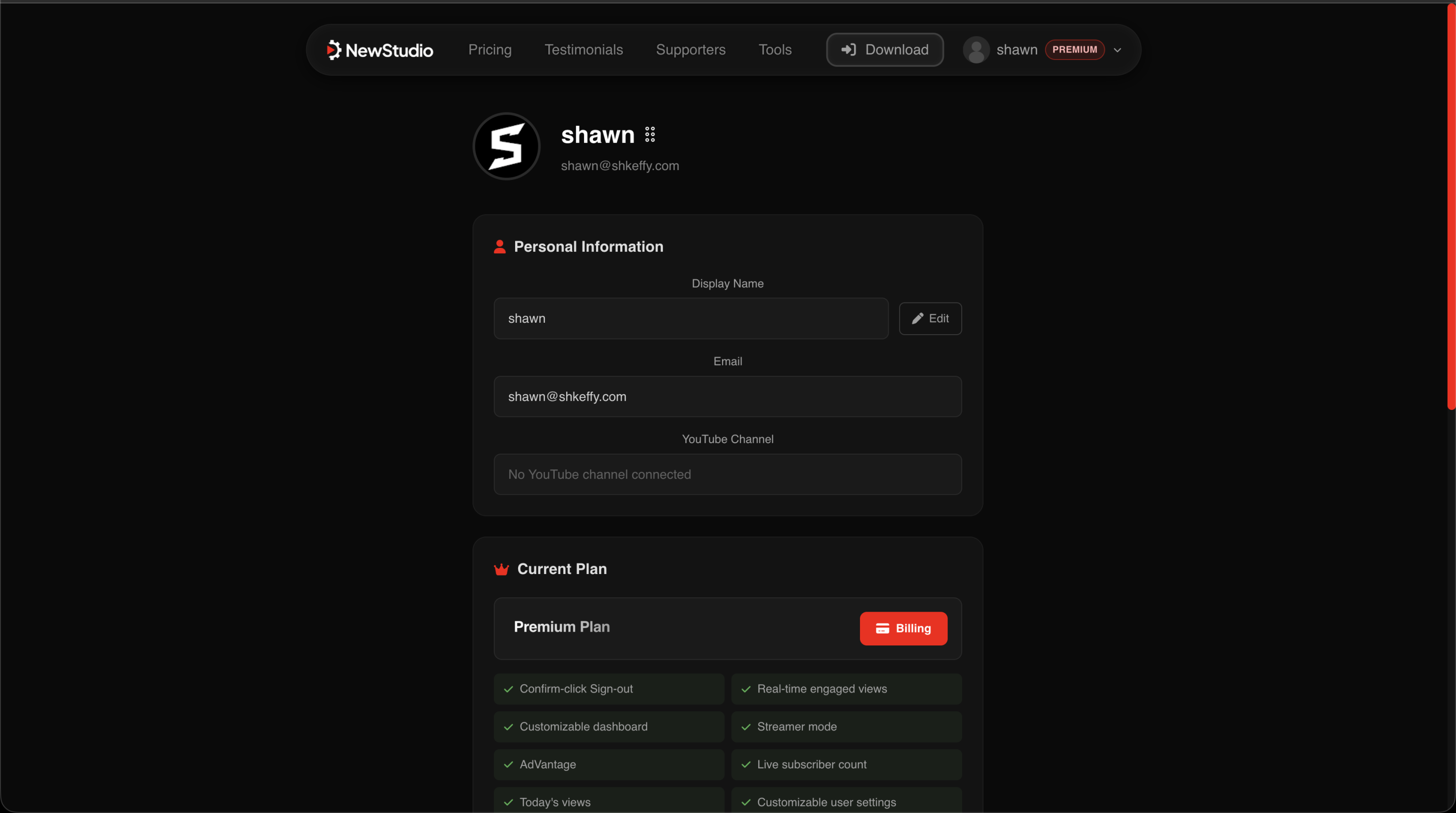 The NewStudio account page showing stored profile information