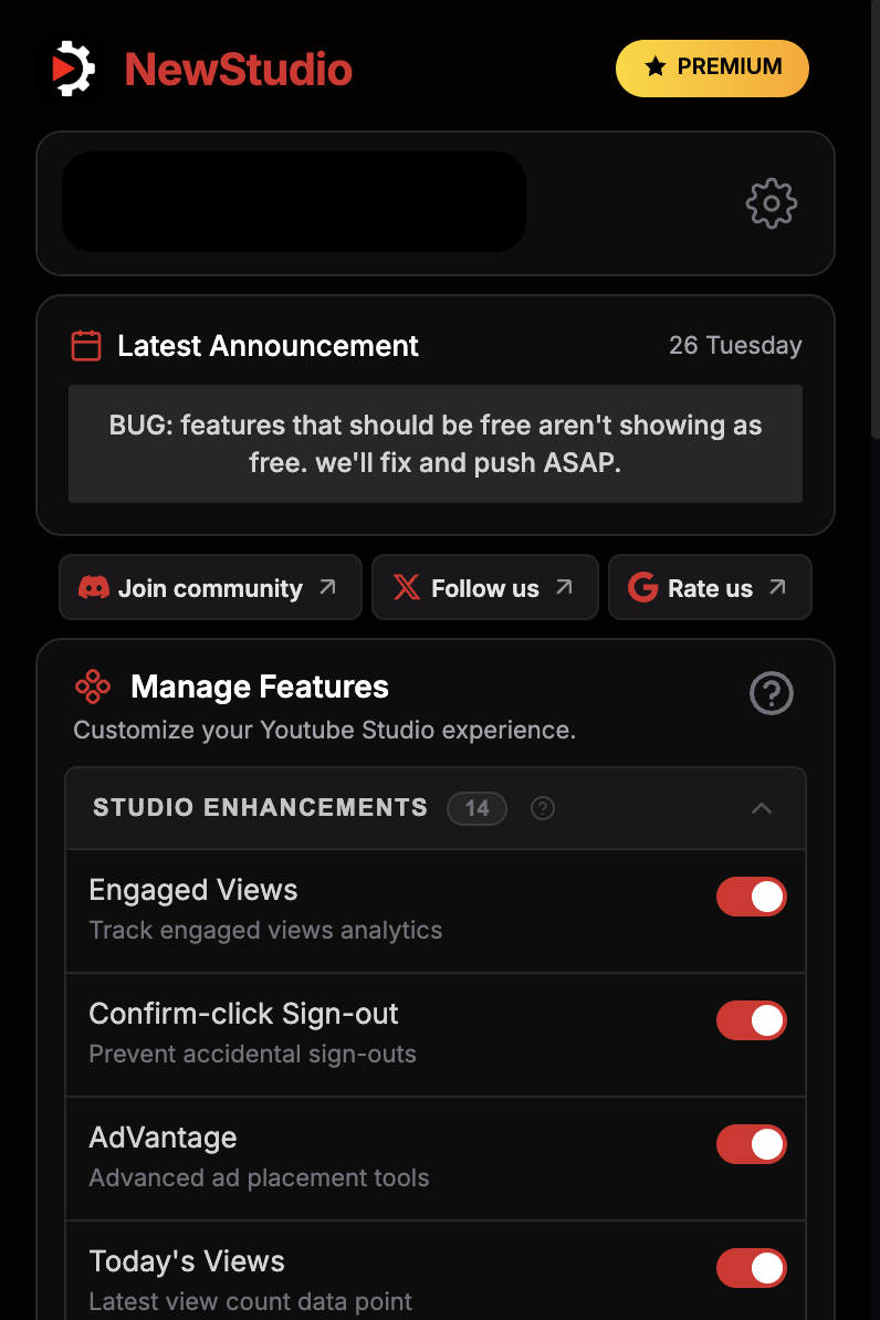The NewStudio extension popup with its feature toggles